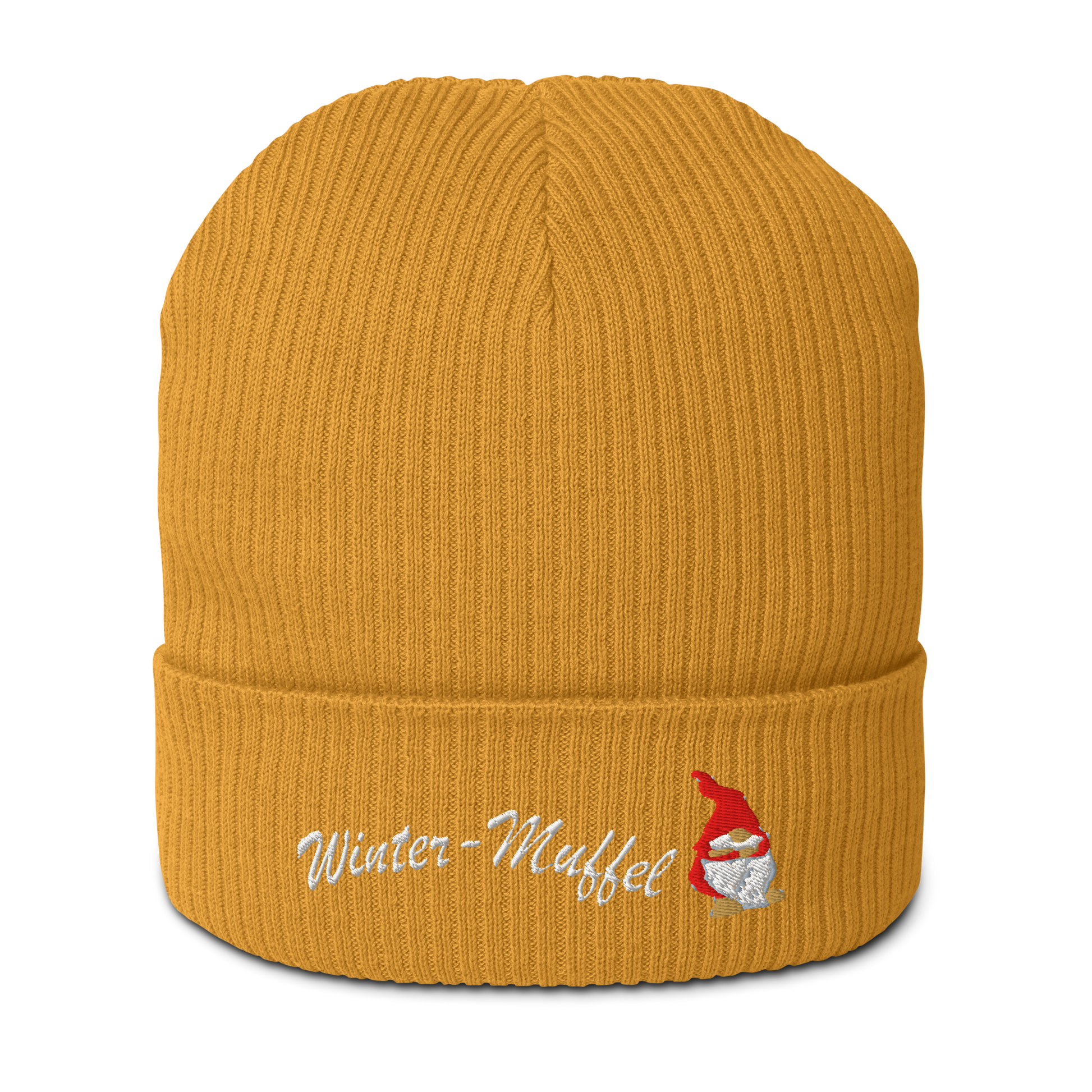 bio-baumwoll-beanie-gelb-gerippt-bestickt-mit-motiv-wichtel-und-schriftzug-wintermuffel