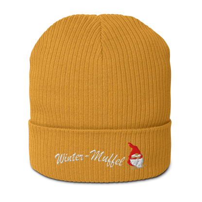 bio-baumwoll-beanie-gelb-gerippt-bestickt-mit-motiv-wichtel-und-schriftzug-wintermuffel