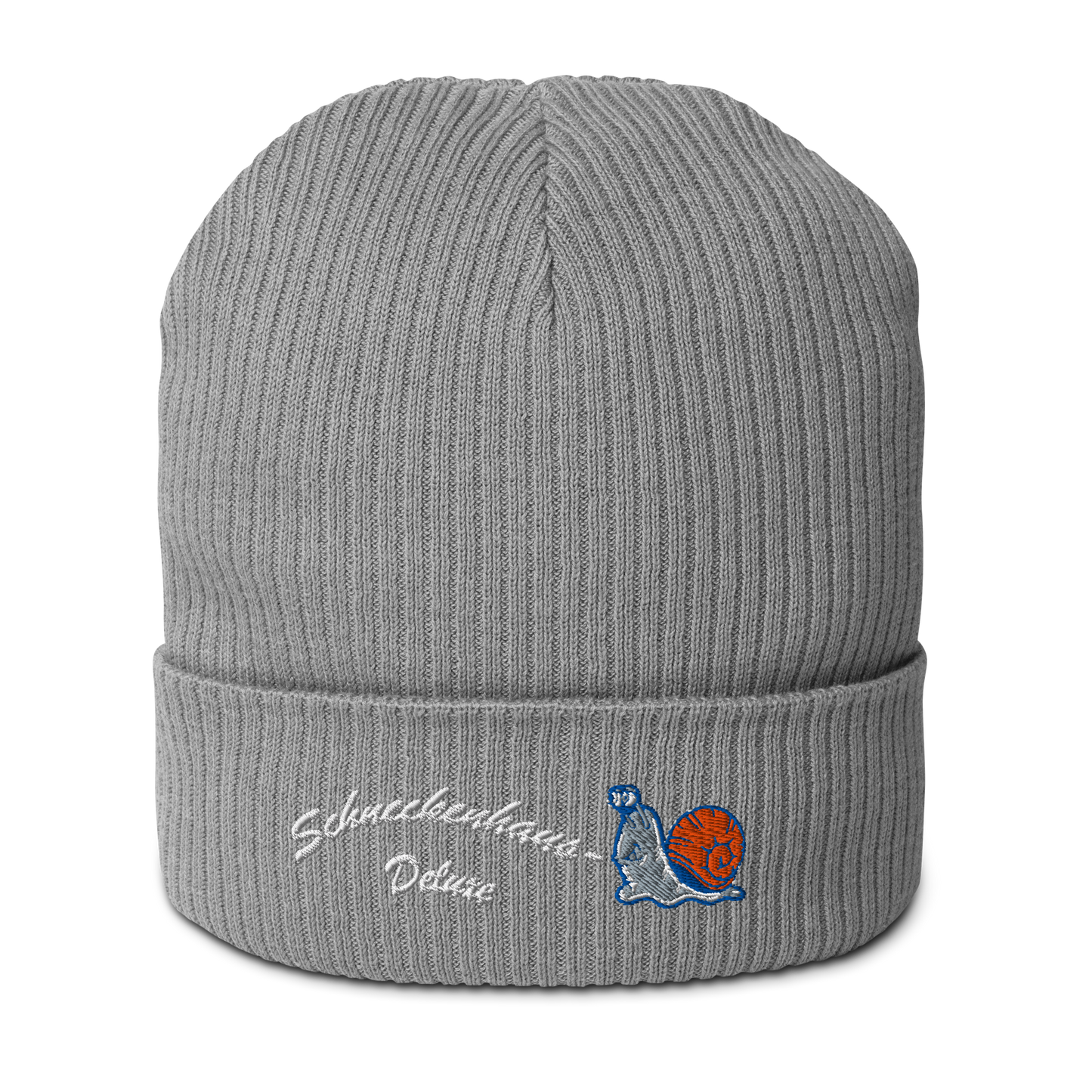 bio-baumwoll-beanie-grau-gerippt-bestickt-mit-motiv-lustige-schnecke-und-schriftzug-schneckenhaus-deluxe