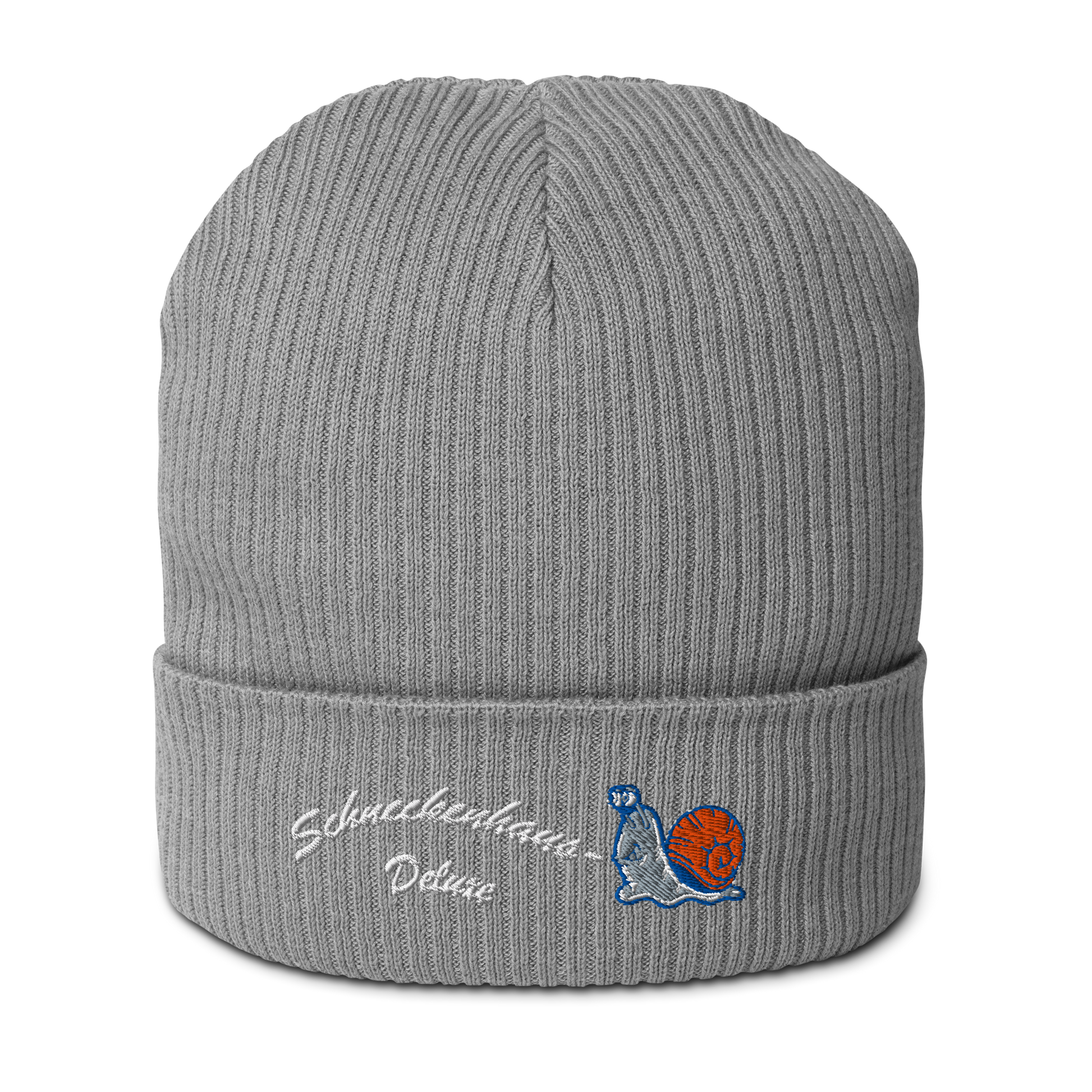 bio-baumwoll-beanie-grau-gerippt-bestickt-mit-motiv-lustige-schnecke-und-schriftzug-schneckenhaus-deluxe