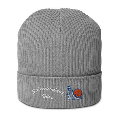 bio-baumwoll-beanie-grau-gerippt-bestickt-mit-motiv-lustige-schnecke-und-schriftzug-schneckenhaus-deluxe