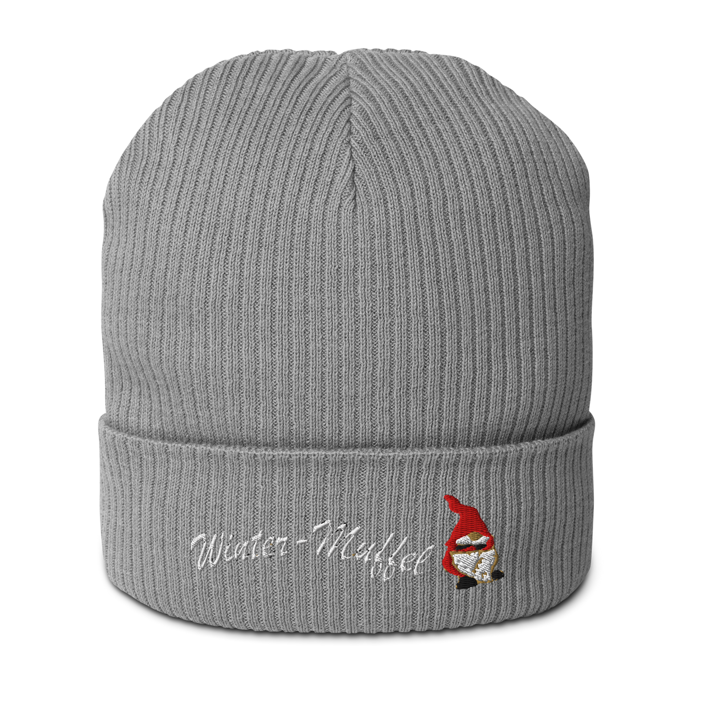 bio-baumwoll-beanie-grau-gerippt-bestickt-mit-motiv-wichtel-und-schriftzug-wintermuffel