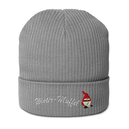 bio-baumwoll-beanie-grau-gerippt-bestickt-mit-motiv-wichtel-und-schriftzug-wintermuffel