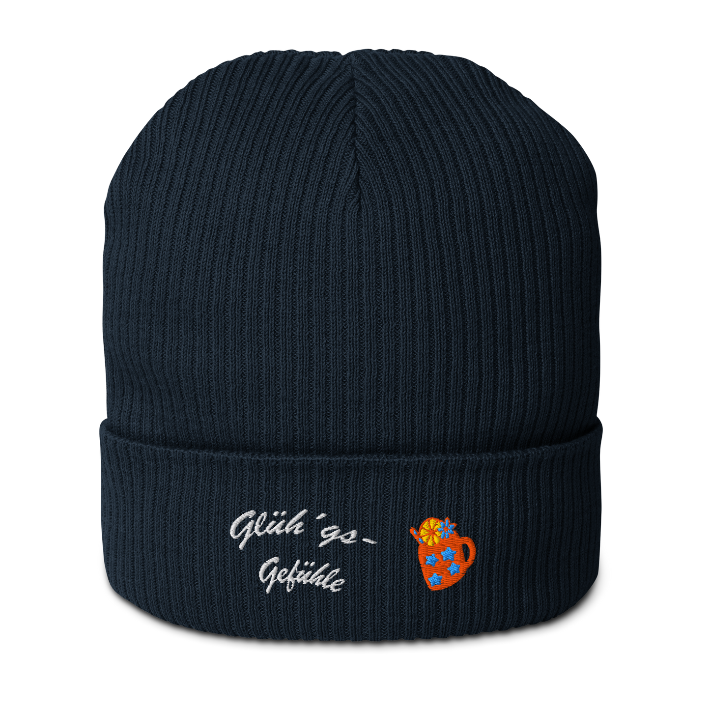 bio-baumwoll-beanie-navy-gerippt-bestickt-mit-motiv-gluehweintasse-und-schriftzug-gluehgs-gefuehle