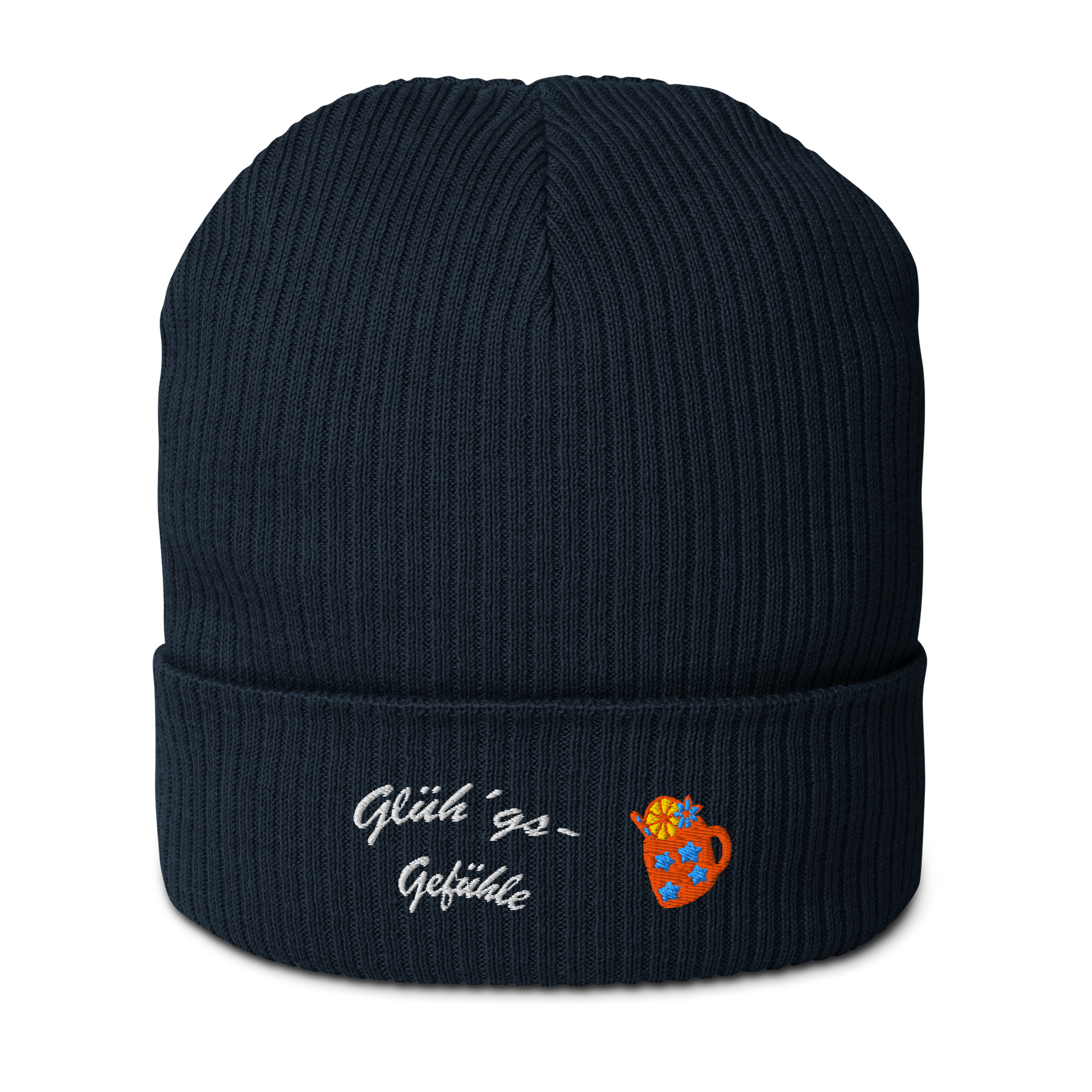 bio-baumwoll-beanie-navy-gerippt-bestickt-mit-motiv-gluehweintasse-und-schriftzug-gluehgs-gefuehle