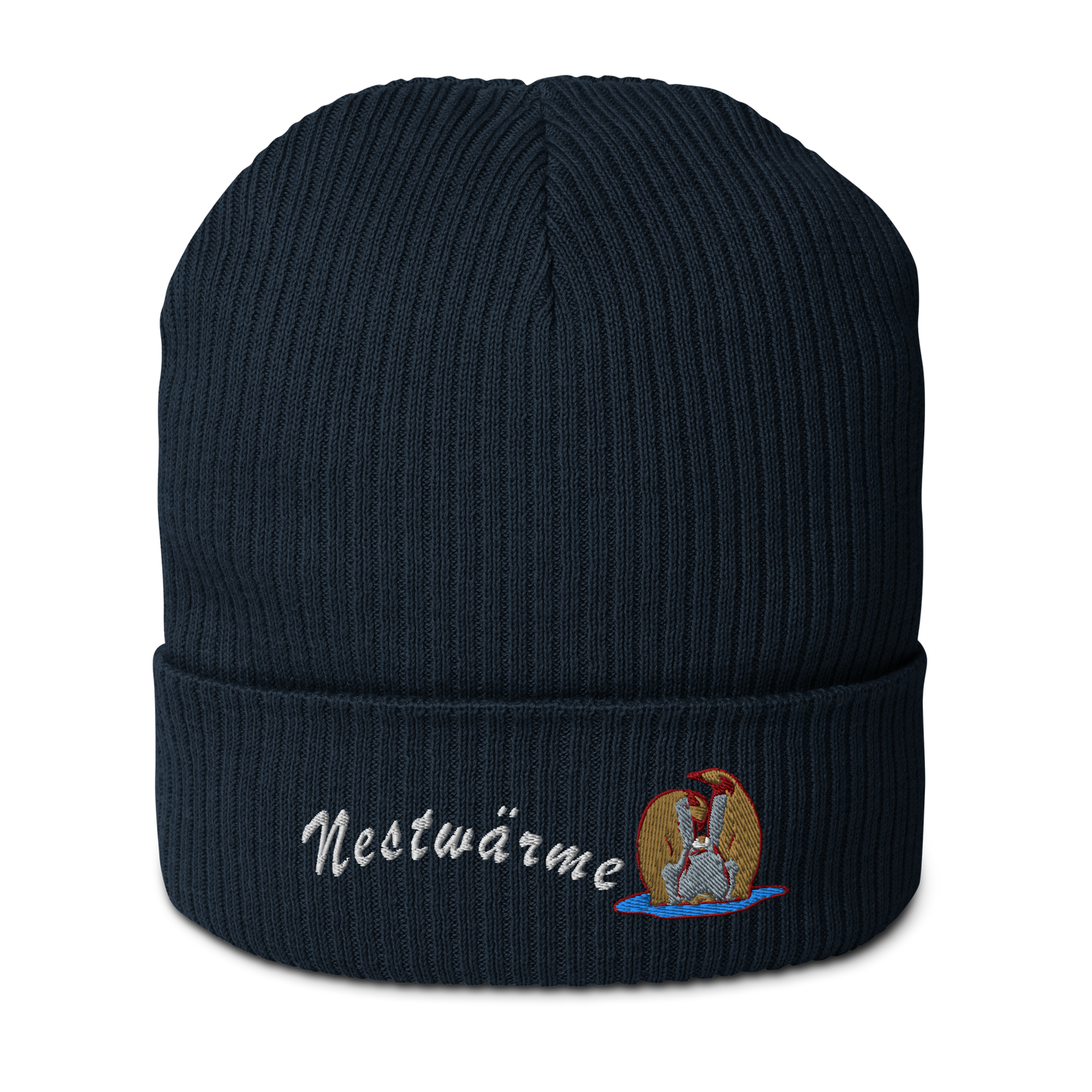 bio-baumwoll-beanie-navy-gerippt-bestickt-mit-motiv-pinguin-familie-und-schriftzug-nestwaerme