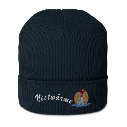 bio-baumwoll-beanie-navy-gerippt-bestickt-mit-motiv-pinguin-familie-und-schriftzug-nestwaerme