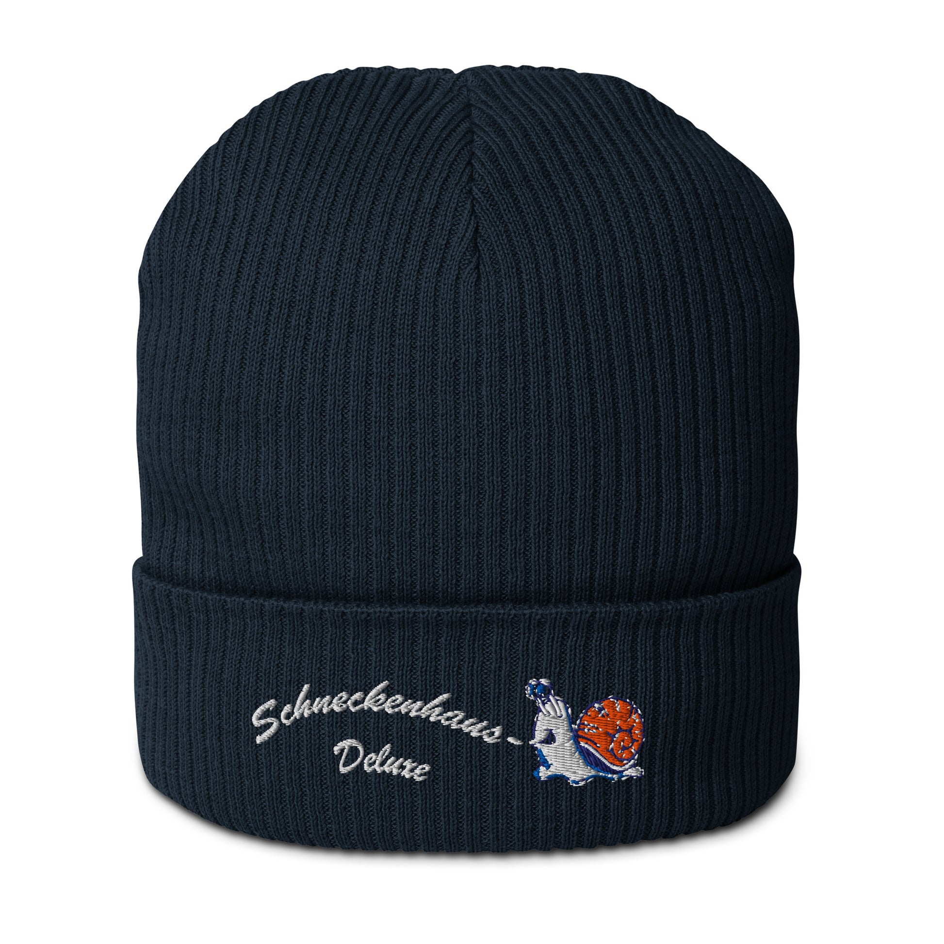 bio-baumwoll-beanie-navy-gerippt-bestickt-mit-motiv-lustige-schnecke-und-schriftzug-schneckenhaus-deluxe