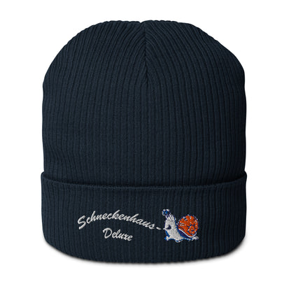 bio-baumwoll-beanie-navy-gerippt-bestickt-mit-motiv-lustige-schnecke-und-schriftzug-schneckenhaus-deluxe