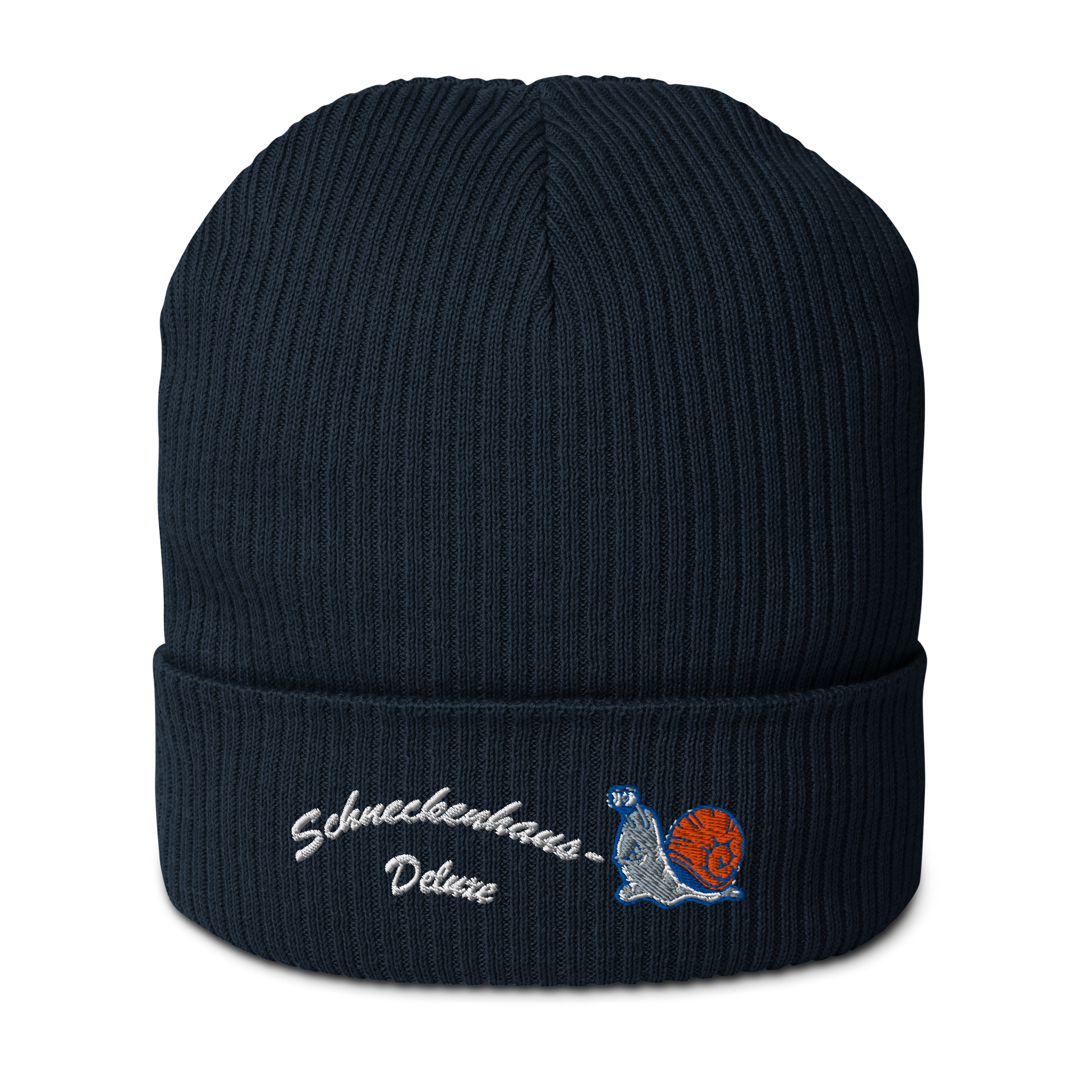 bio-baumwoll-beanie-navy-blau-gerippt-bestickt-mit-motiv-lustige-schnecke-und-schriftzug-schneckenhaus-deluxe