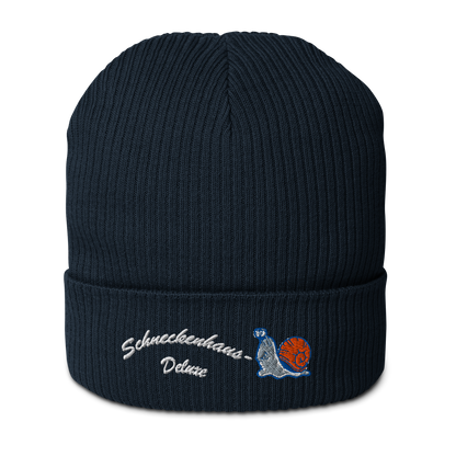 bio-baumwoll-beanie-navy-blau-gerippt-bestickt-mit-motiv-lustige-schnecke-und-schriftzug-schneckenhaus-deluxe