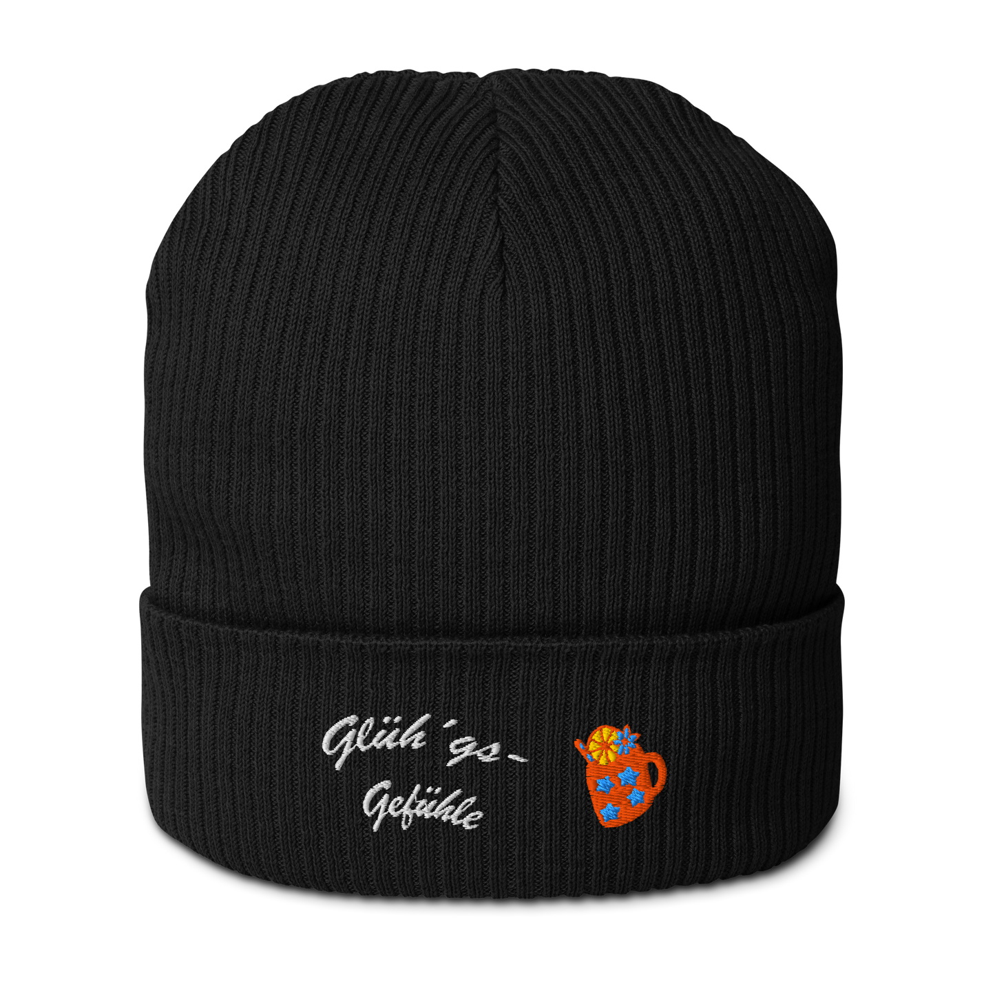 bio-baumwoll-beanie-schwarz-gerippt-bestickt-mit-motiv-gluehweintasse-und-schriftzug-gluehgs-gefuehle
