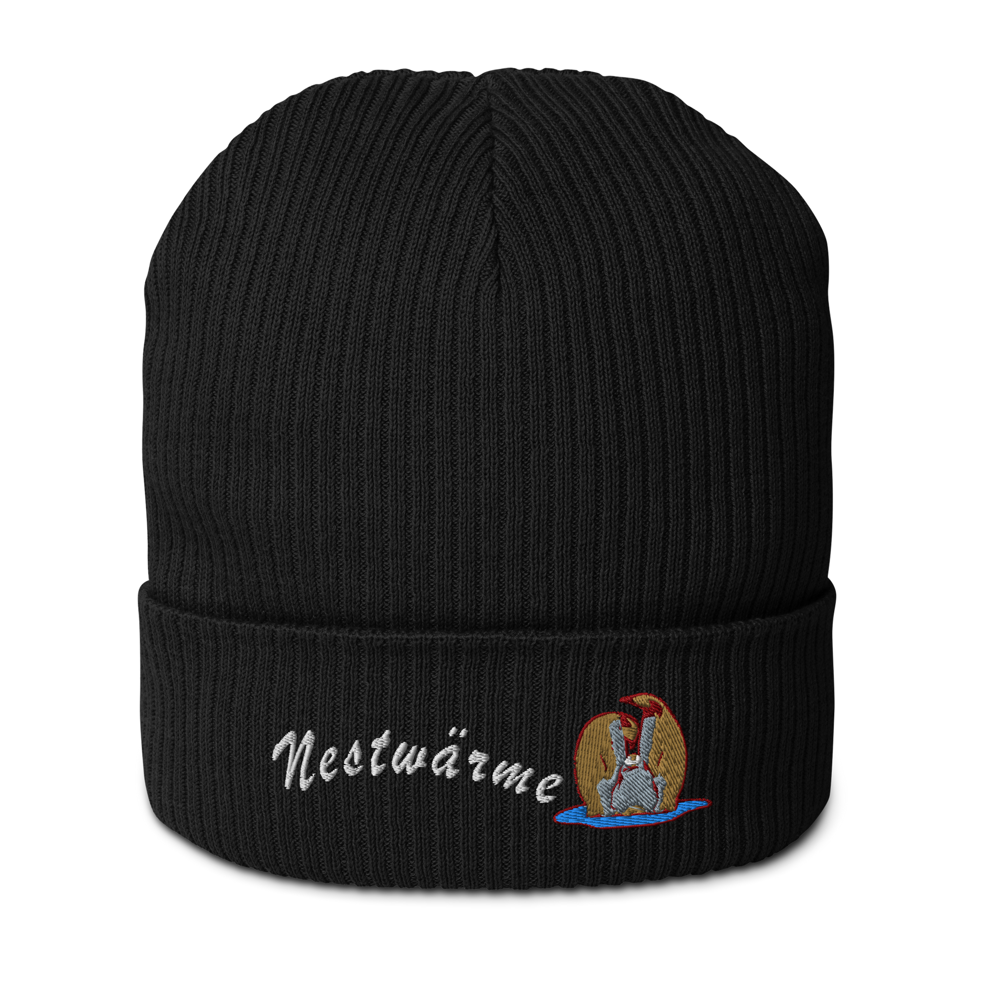 bio-baumwoll-beanie-schwarz-gerippt-bestickt-mit-motiv-pinguin-familie-und-schriftzug-nestwaerme