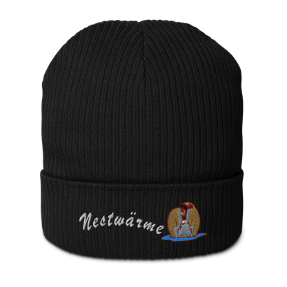 bio-baumwoll-beanie-schwarz-gerippt-bestickt-mit-motiv-pinguin-familie-und-schriftzug-nestwaerme