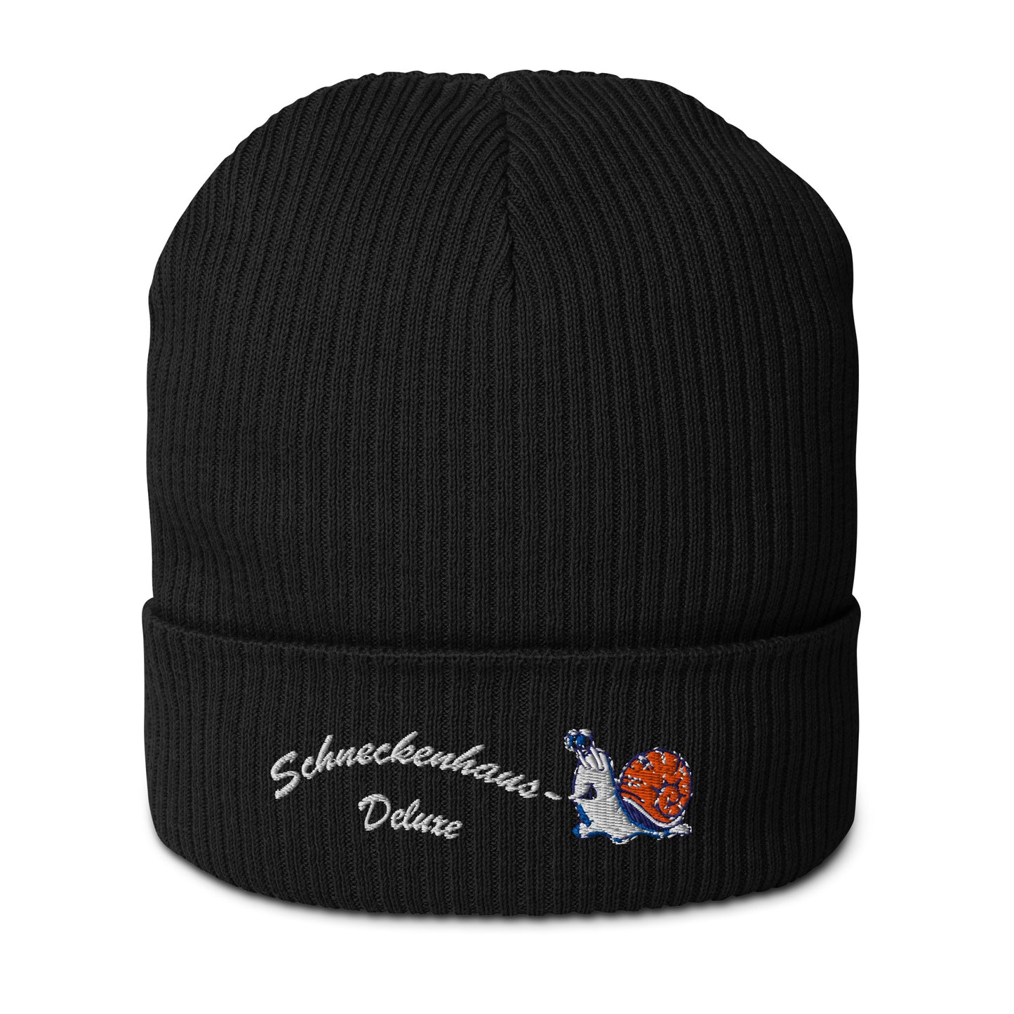 bio-baumwoll-beanie-schwarz-gerippt-bestickt-mit-motiv-lustige-schnecke-und-schriftzug-schneckenhaus-deluxe