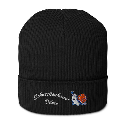 bio-baumwoll-beanie-schwarz-gerippt-bestickt-mit-motiv-lustige-schnecke-und-schriftzug-schneckenhaus-deluxe