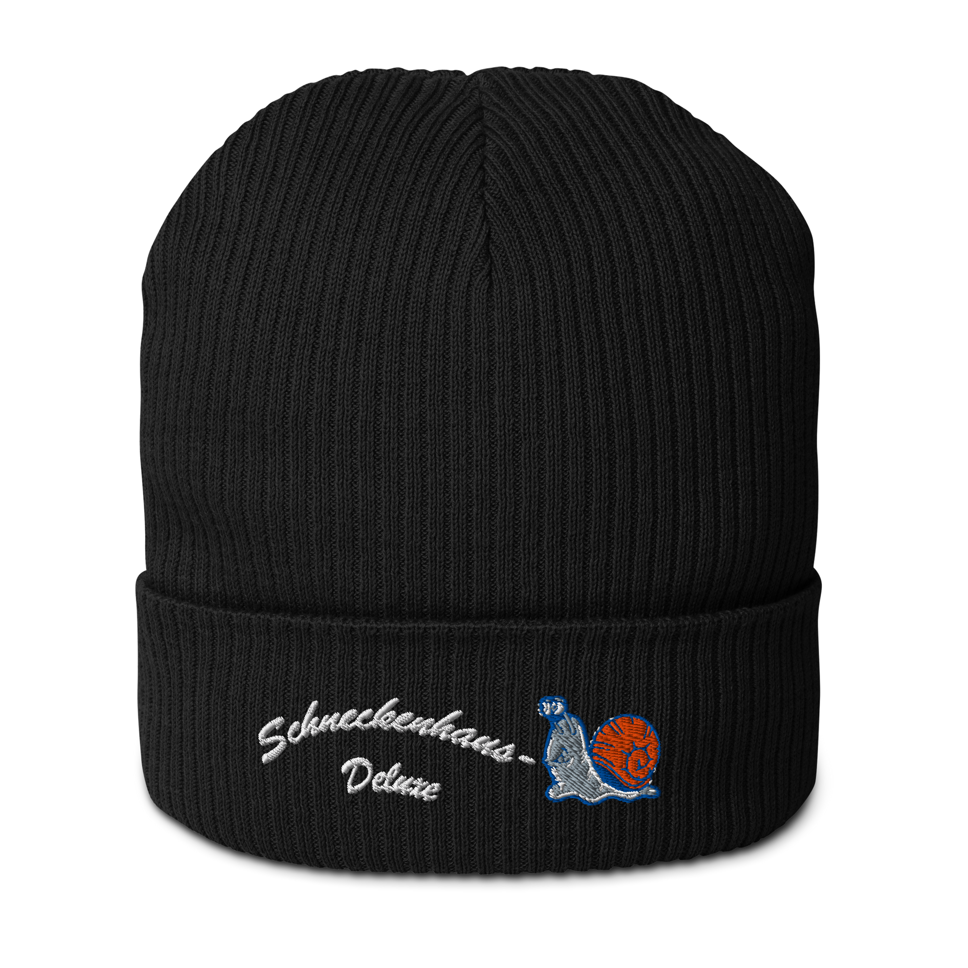 bio-baumwoll-beanie-schwarz-gerippt-bestickt-mit-motiv-lustige-schnecke-und-schriftzug-schneckenhaus-deluxe