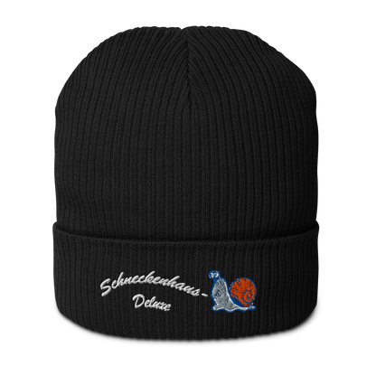 bio-baumwoll-beanie-schwarz-gerippt-bestickt-mit-motiv-lustige-schnecke-und-schriftzug-schneckenhaus-deluxe