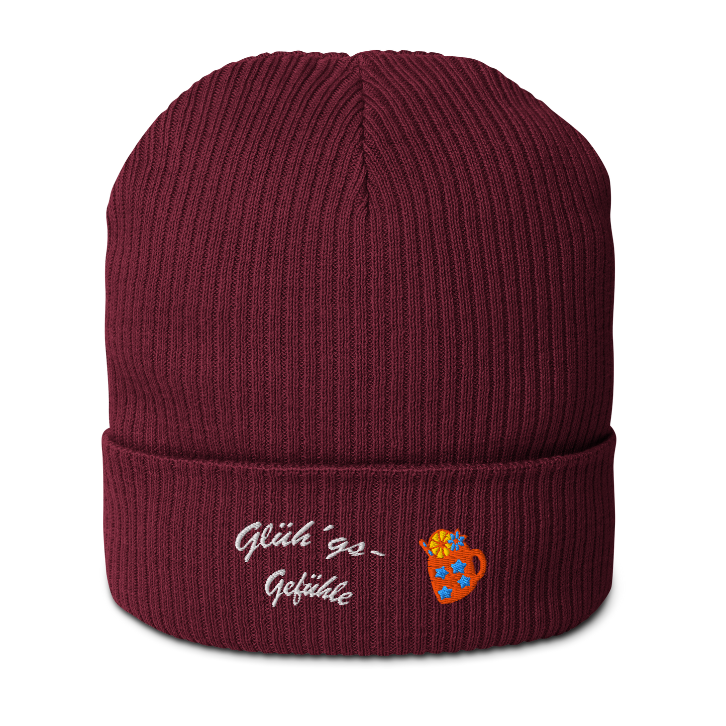bio-baumwoll-beanie-weinrot-gerippt-bestickt-mit-motiv-gluehweintasse-und-schriftzug-gluehgs-gefuehle