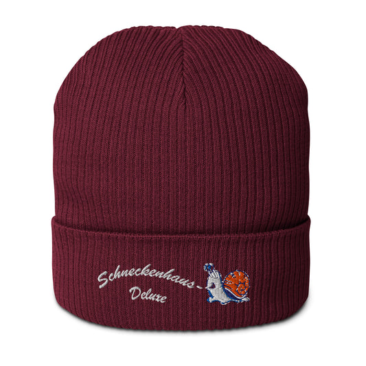 bio-baumwoll-beanie-weinrot-gerippt-bestickt-mit-motiv-lustige-schnecke-und-schriftzug-schneckenhaus-deluxe