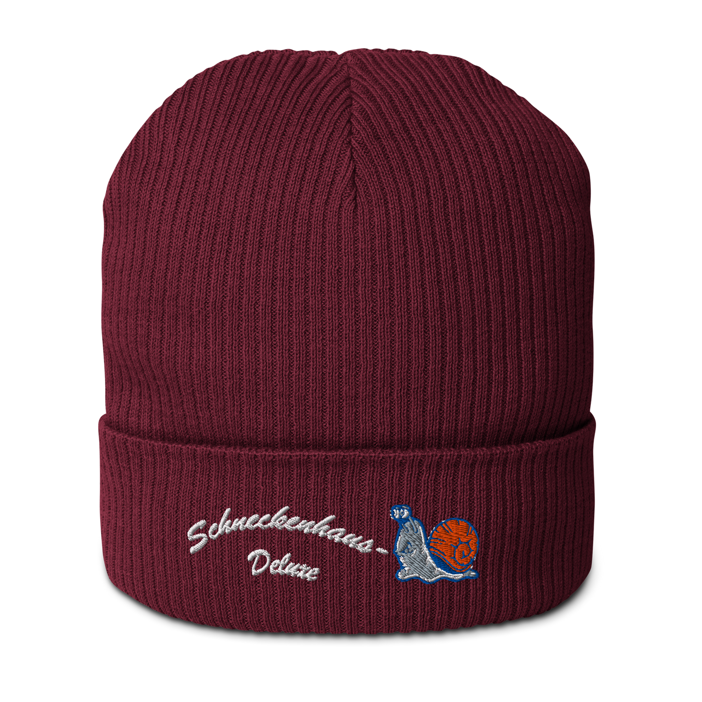 bio-baumwoll-beanie-weinrot-gerippt-bestickt-mit-motiv-lustige-schnecke-und-schriftzug-schneckenhaus-deluxe