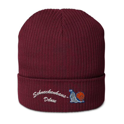 bio-baumwoll-beanie-weinrot-gerippt-bestickt-mit-motiv-lustige-schnecke-und-schriftzug-schneckenhaus-deluxe