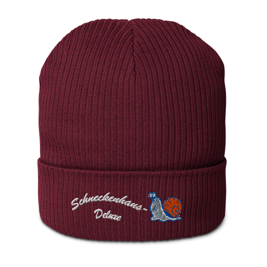 bio-baumwoll-beanie-weinrot-gerippt-bestickt-mit-motiv-lustige-schnecke-und-schriftzug-schneckenhaus-deluxe