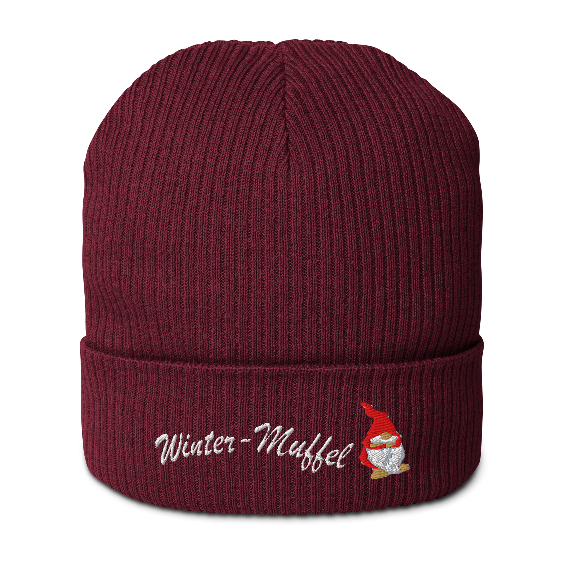 bio-baumwoll-beanie-weinrot-gerippt-bestickt-mit-motiv-wichtel-und-schriftzug-wintermuffel
