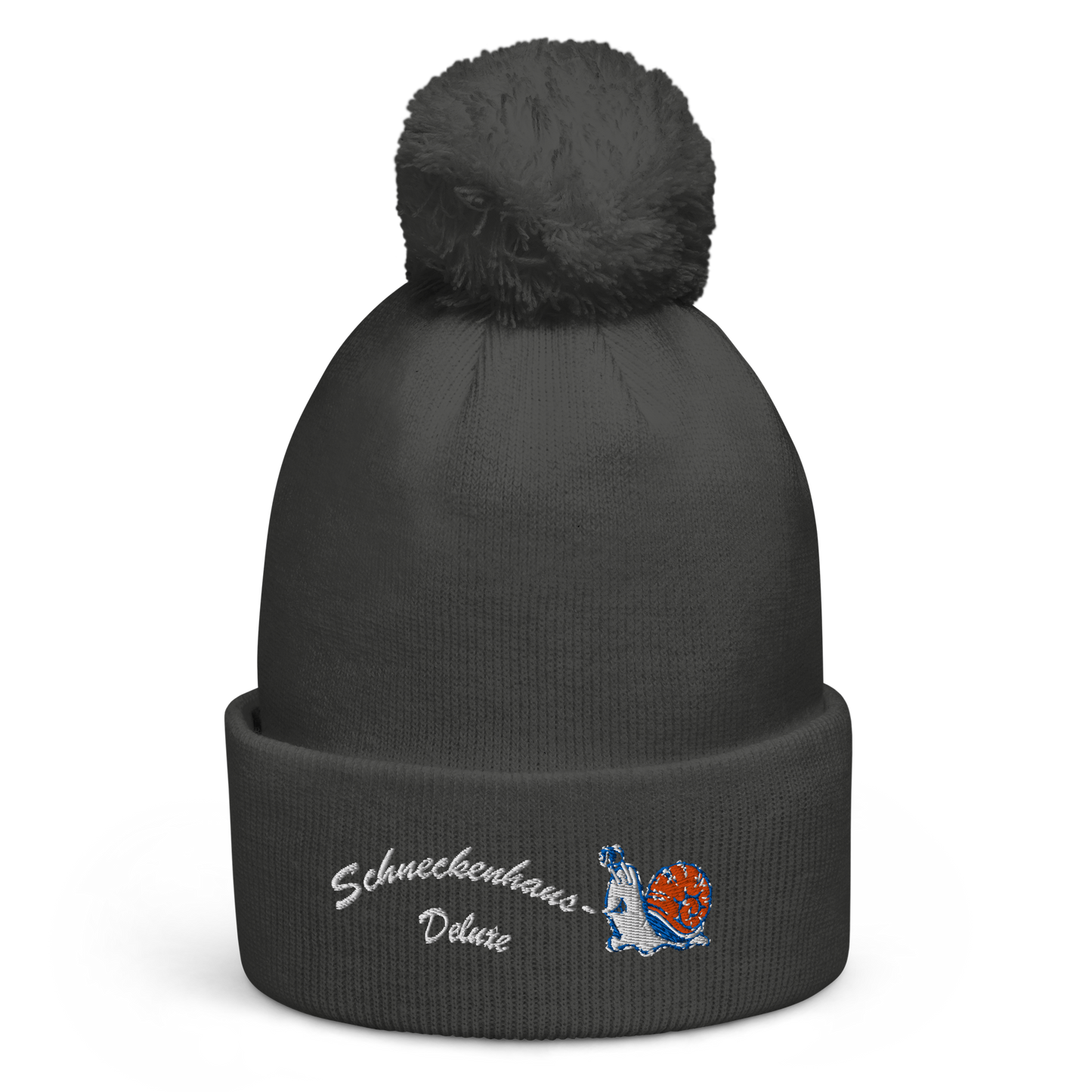 bestickte-beanie-grau-mit-bund-und-bommel-motiv-lustige-schnecke-und-schriftzug-schneckenhaus-deluxe