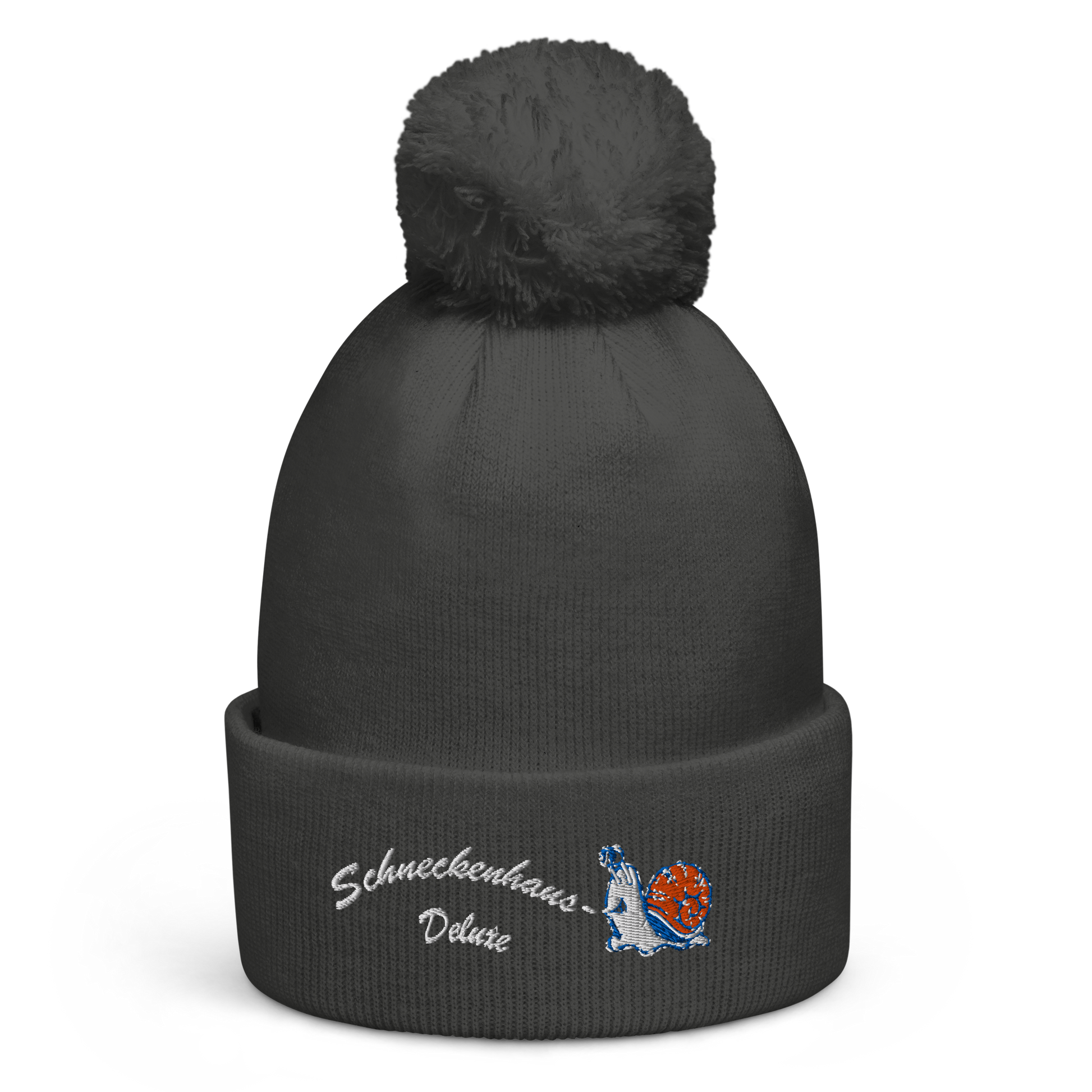 bestickte-beanie-grau-mit-bund-und-bommel-motiv-lustige-schnecke-und-schriftzug-schneckenhaus-deluxe