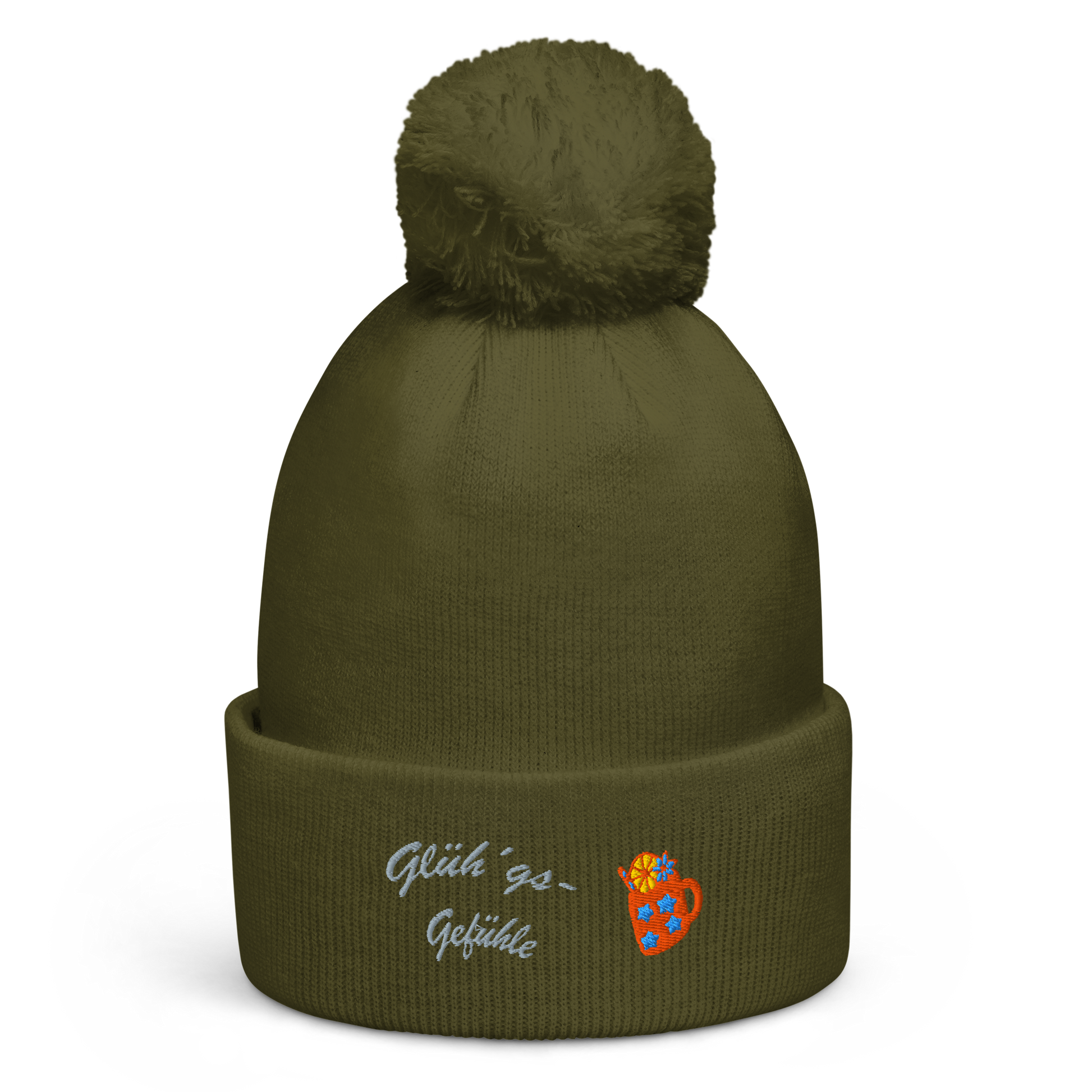 bestickte-beanie-gruen-mit-bund-und-bommel-motiv-gluehweintasse-und-schriftzug-gluehgs-gefuehle