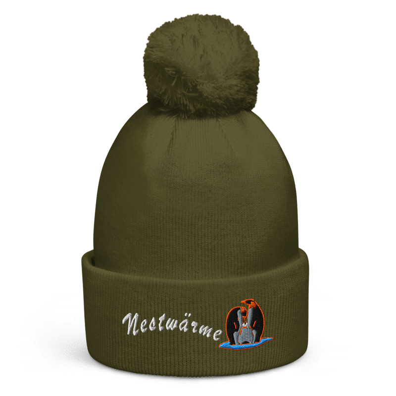 bestickte-beanie-gruen-mit-bund-und-bommel-motiv-pinguin-familie-und-schriftzug-nestwaerme