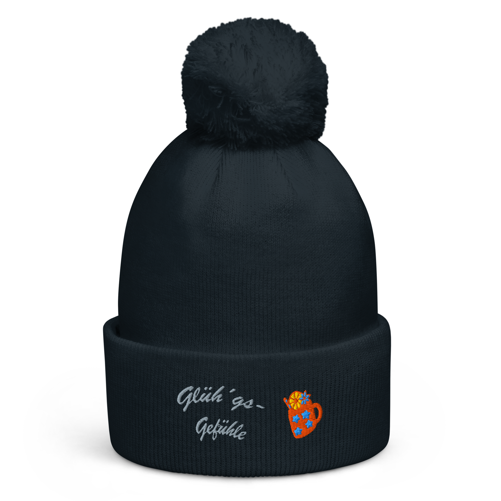 bestickte-beanie-navy-mit-bund-und-bommel-motiv-gluehweintasse-und-schriftzug-gluehgs-gefuehle
