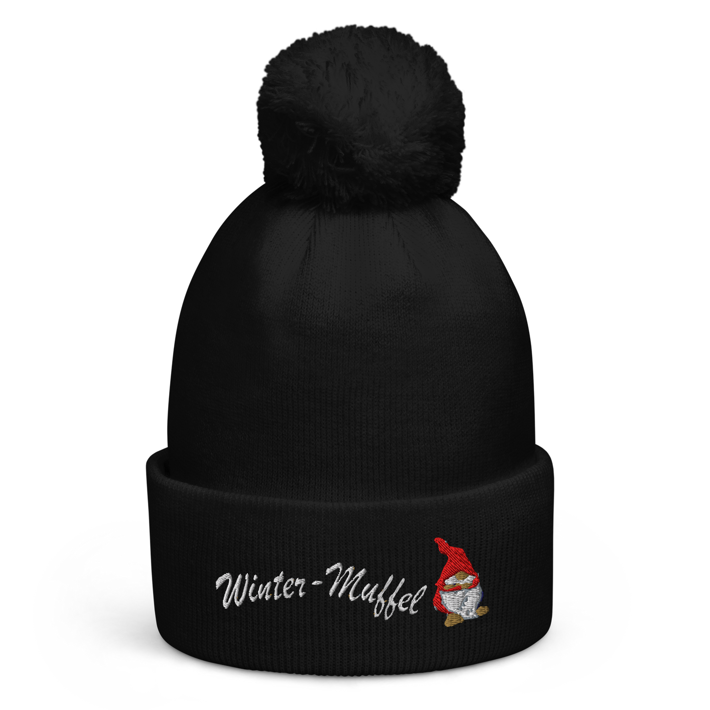 bestickte-beanie-schwarz-mit-bund-und-bommel-motiv-frecher-wichtel-und-schriftzug-winter-muffel