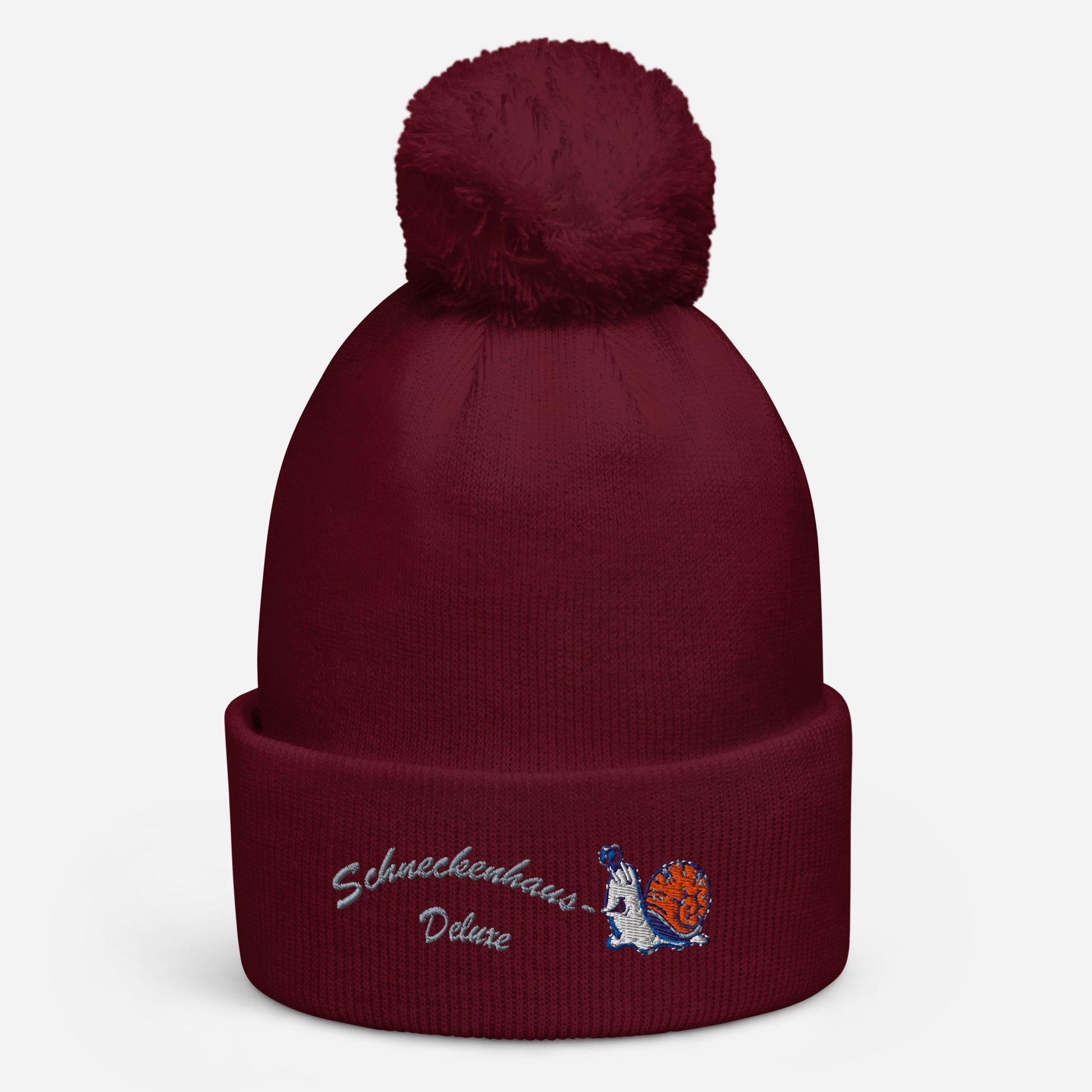 bestickte-beanie-weinrot-mit-bund-und-bommel-motiv-lustige-schnecke-und-schriftzug-schneckenhaus-deluxe