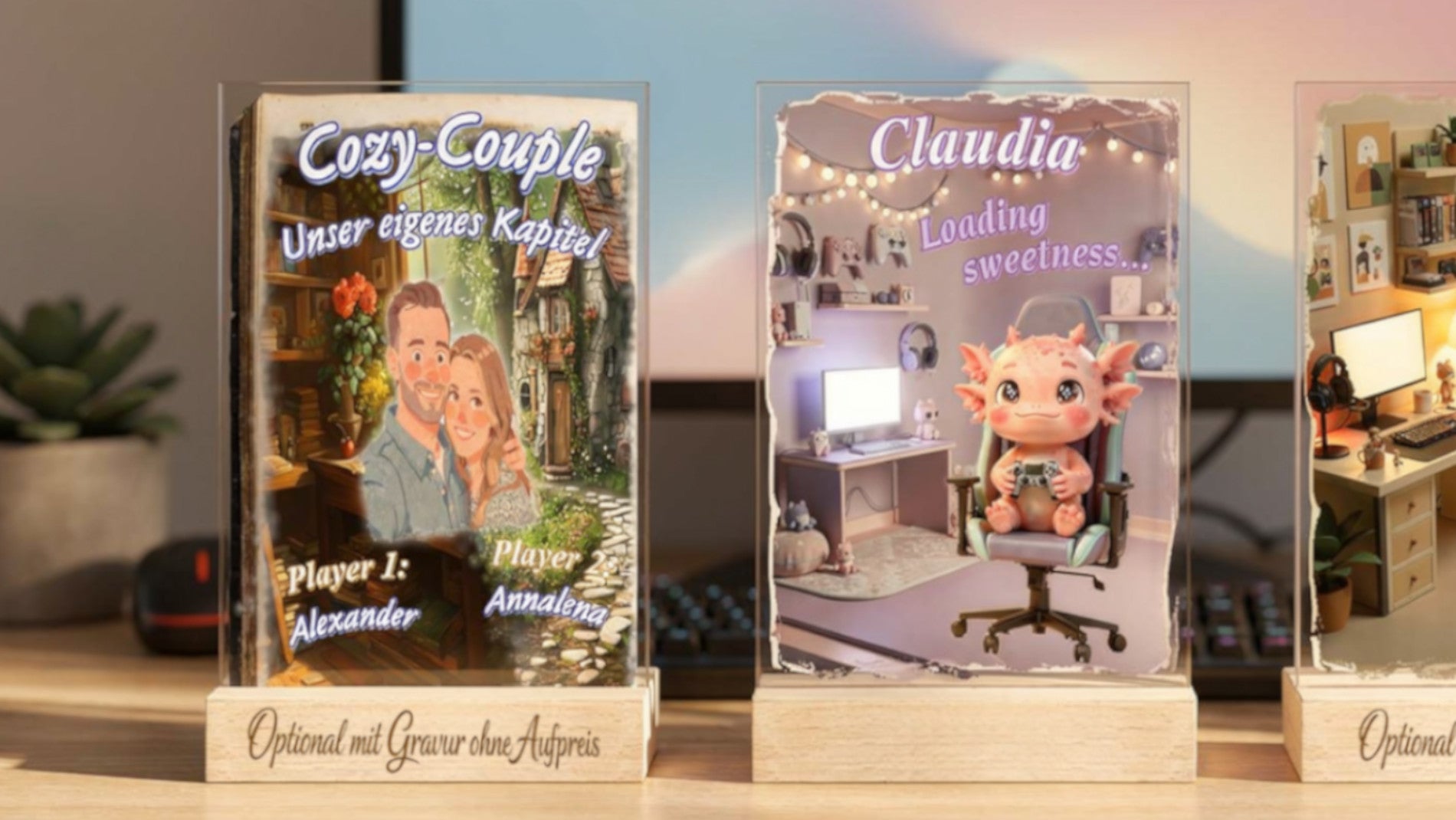 zwei-cozy-gaming-acrylglas-aufsteller-im-cozy-bookshop-design-und-niedlichem-kawaii-stil-auf-einem-stabilen-echtholzfuss-als-suesse-gaming-geschenke
