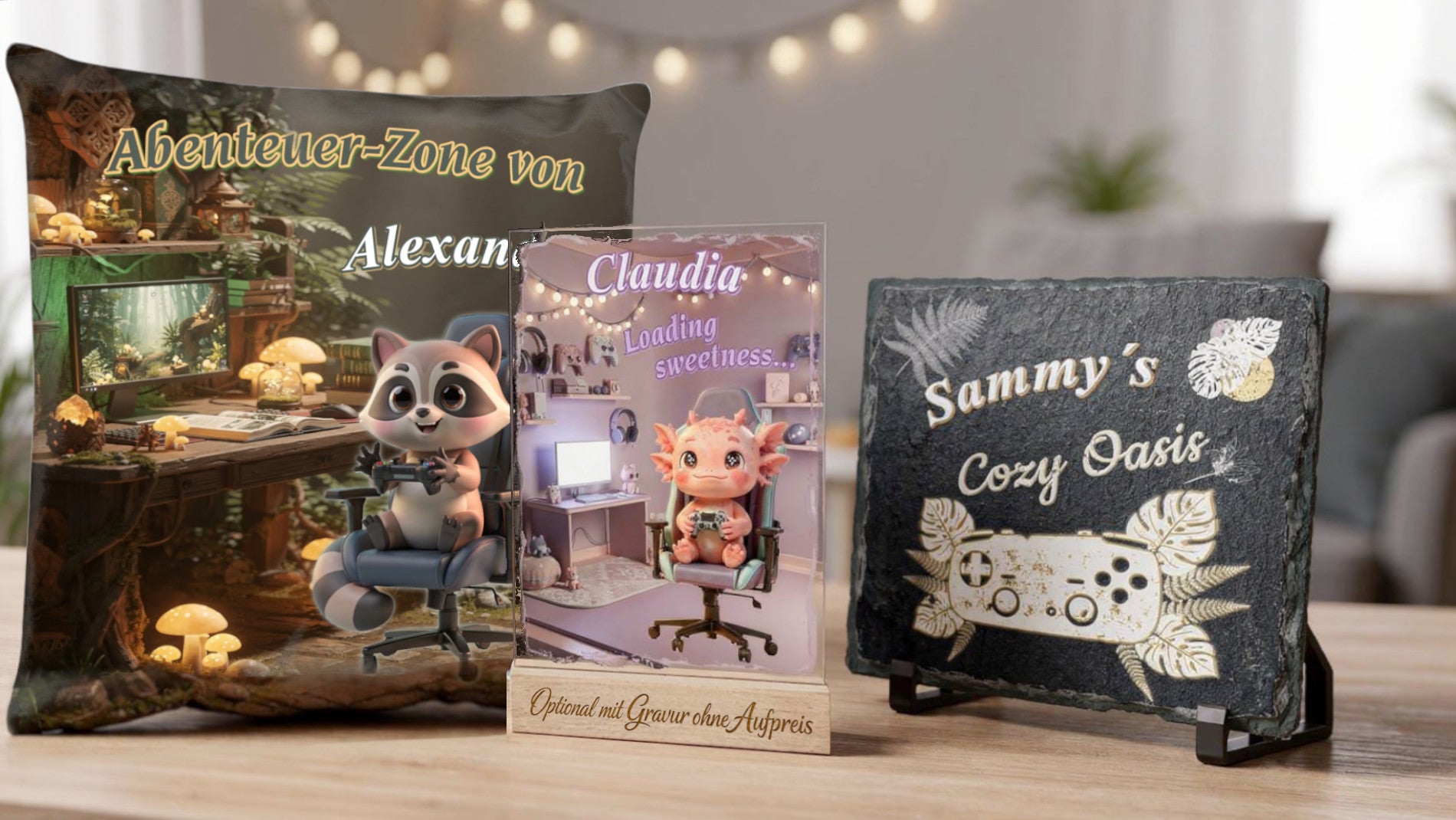 personalisierte-gamer-geschenke-aus-der-cozy-gaming-deko-themenwelt-fuer-gamerinnen-auf-einem-holztisch