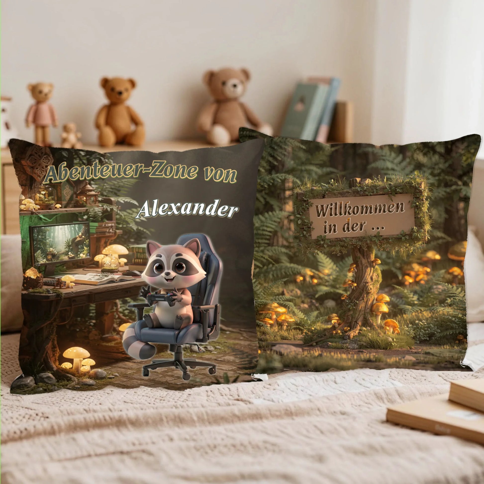 gemuetliche-zimmerdeko-mit-den-gaming-kissen-wald-mit-wunschtier-und-name-personalisiert-auf-einem-bett