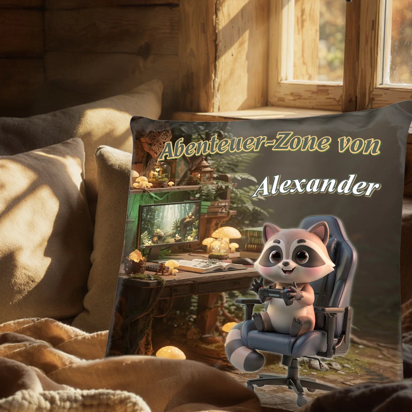gaming-kissen-personalisiert-mit-wunschtier-in-computerstuhl-an-einem-schreibtisch-im-waldlook-mit-name-als-cozy-gaming-deko