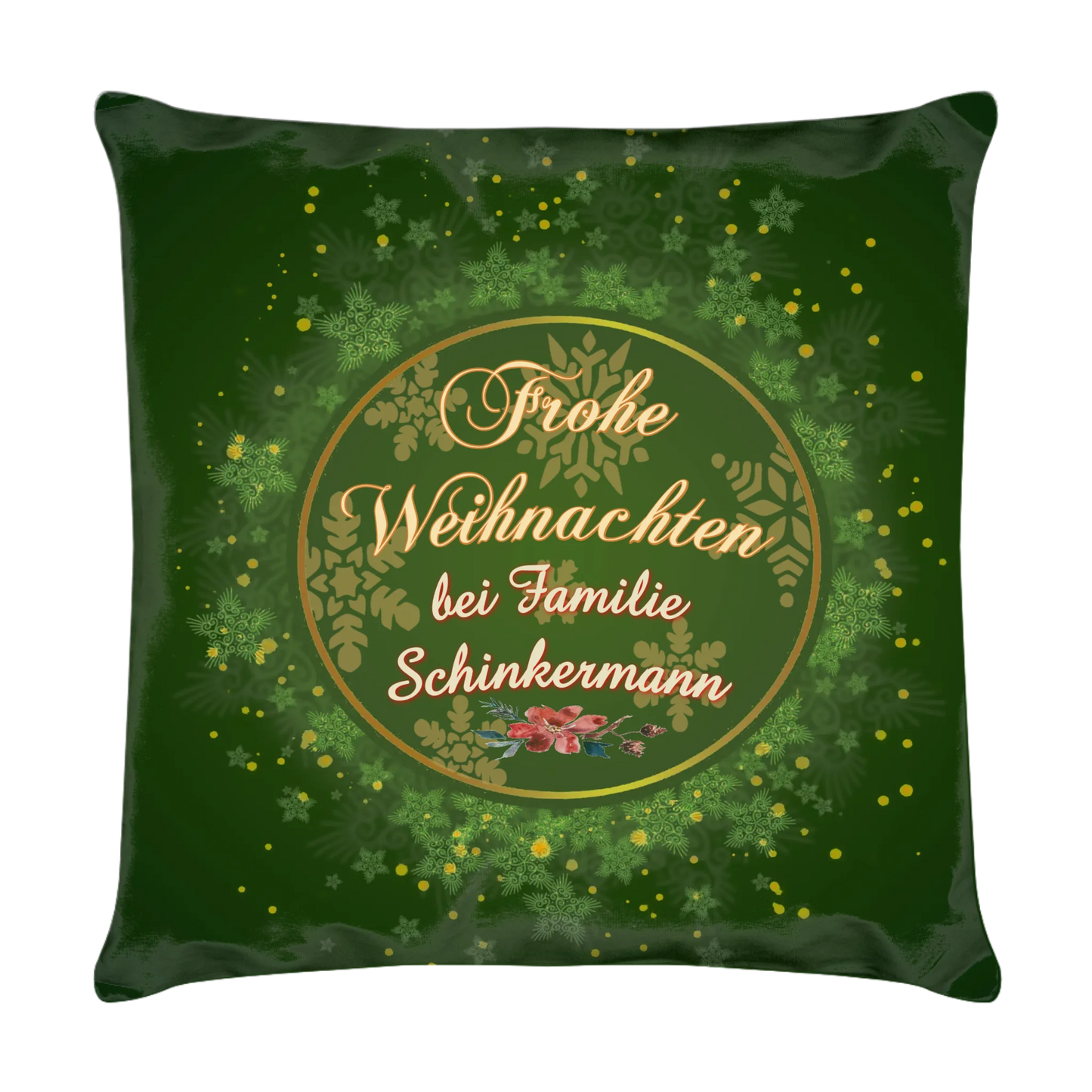 kissen-dunkel-gruen-40x40-cm-mit-familienname-geschenk-nachbarn-vorderseite-mit-schriftzug-frohe-weihnachten-bei-familie-und-personalisiertem-namen-umgeben-von-einem-runden-goldenen-rahmen-umgeben-von-schneeflocken-und-sternen