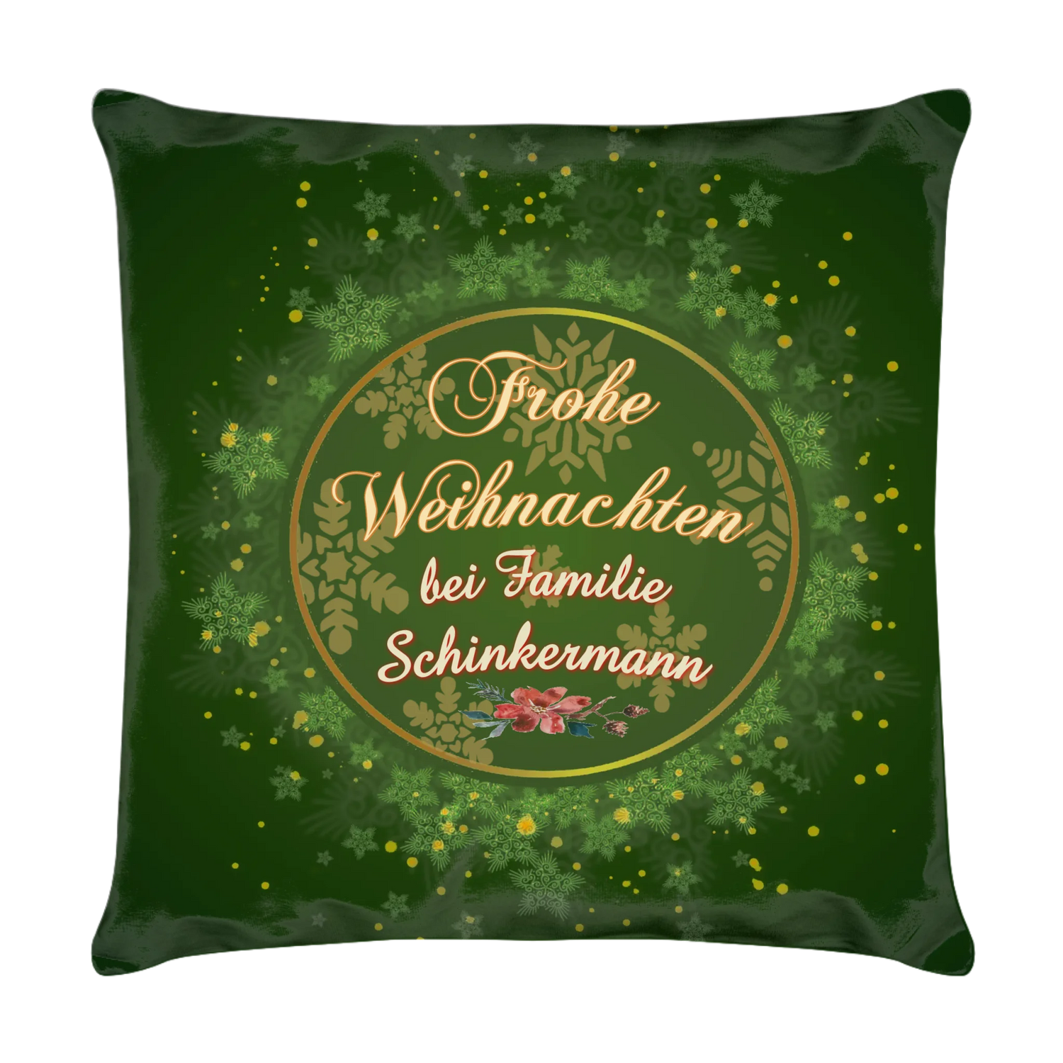 kissen-dunkel-gruen-40x40-cm-mit-familienname-geschenk-nachbarn-vorderseite-mit-schriftzug-frohe-weihnachten-bei-familie-und-personalisiertem-namen-umgeben-von-einem-runden-goldenen-rahmen-umgeben-von-schneeflocken-und-sternen