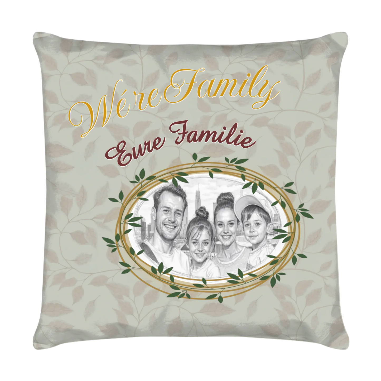 familien-kissen-personalisiert-mit-foto-als-zeichnung-und-familienname-40x40-cm-mintgrün-vorderseite