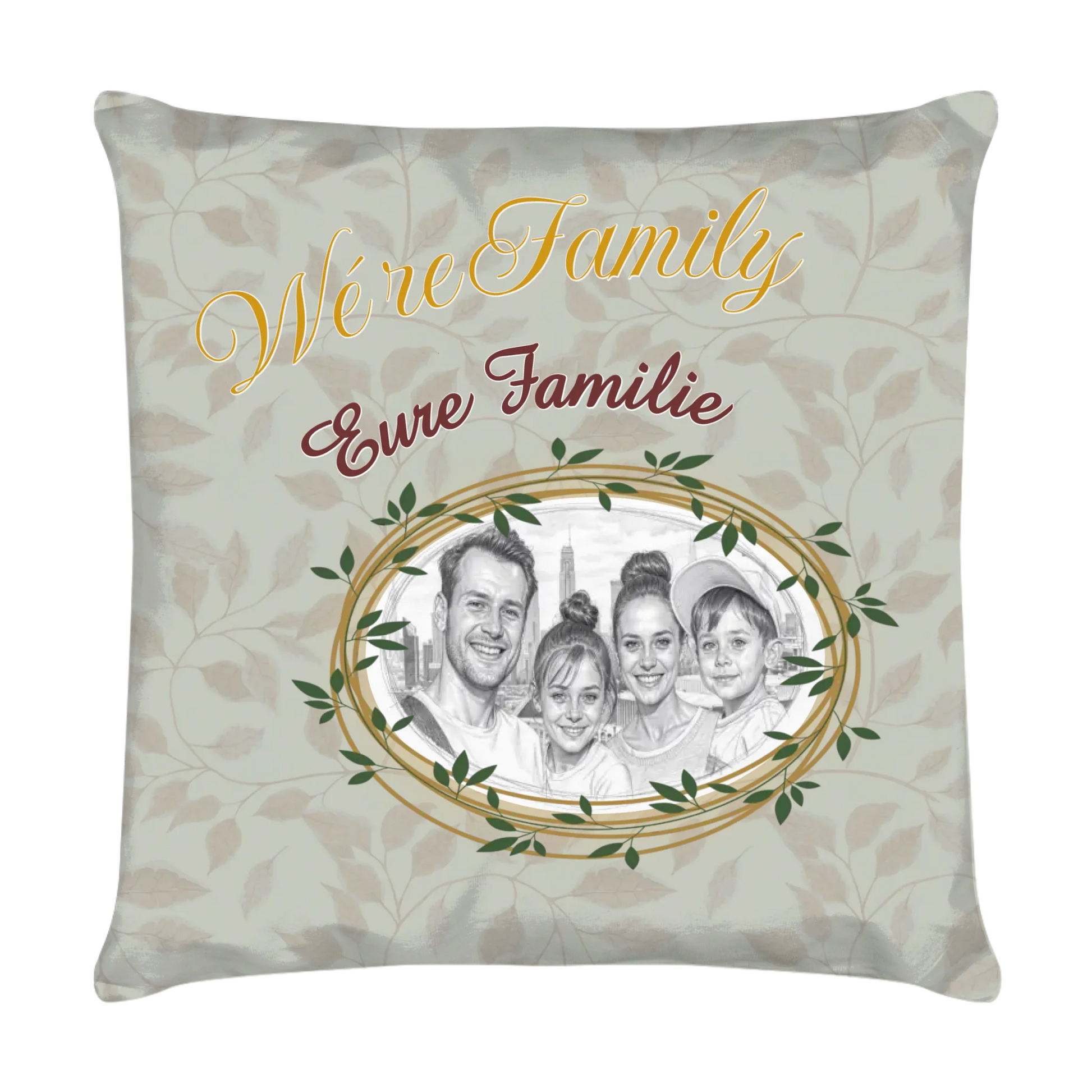 familien-kissen-personalisiert-mit-foto-als-zeichnung-und-familienname-40x40-cm-mintgrün-vorderseite