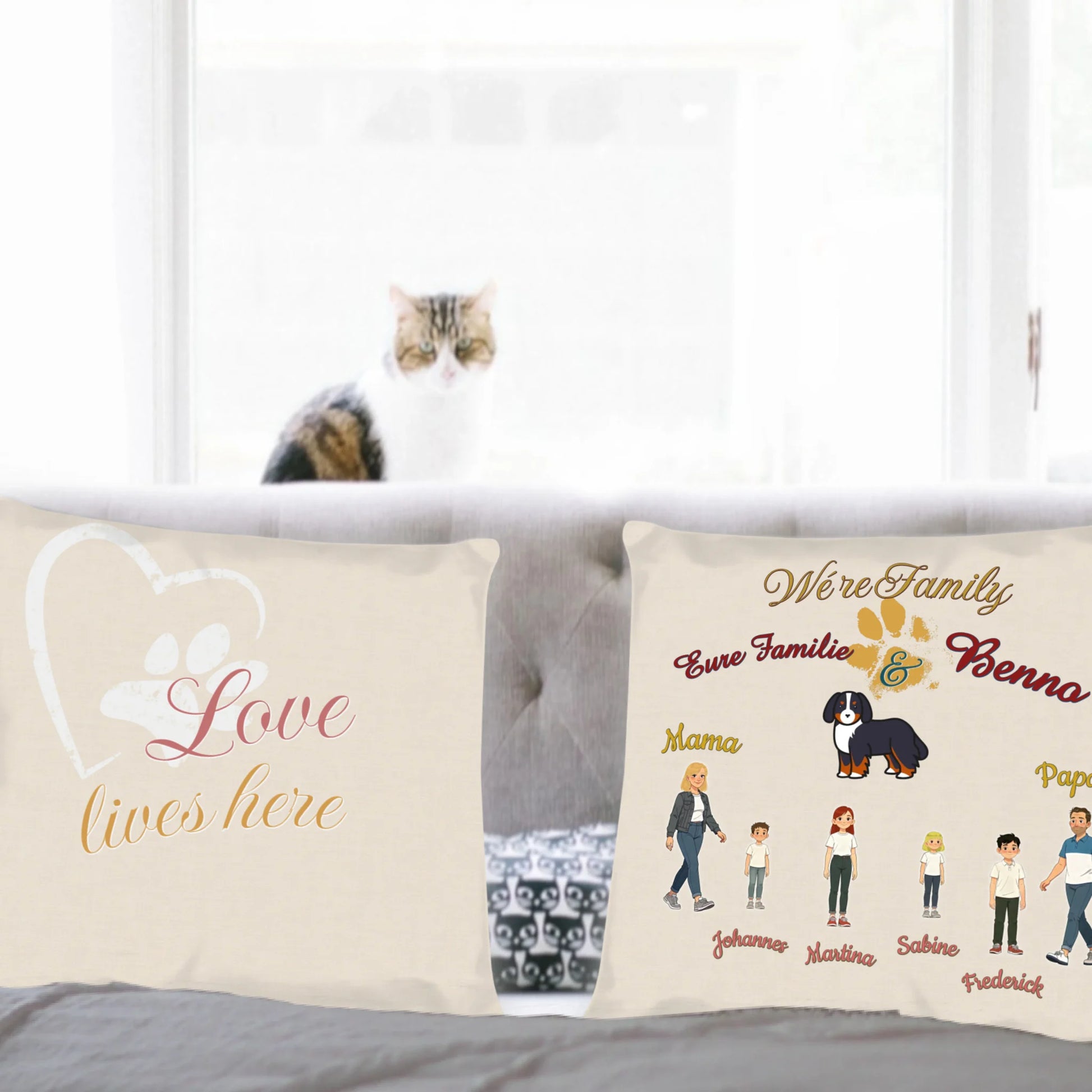 kissen-familie-personalisiert-mit-namen-der-kinder-hund-und-eltern-illustrierte-darstellung-aller-personen-und-hund-40x40-cm-vorderseite-und-rueckseite-auf-couch
