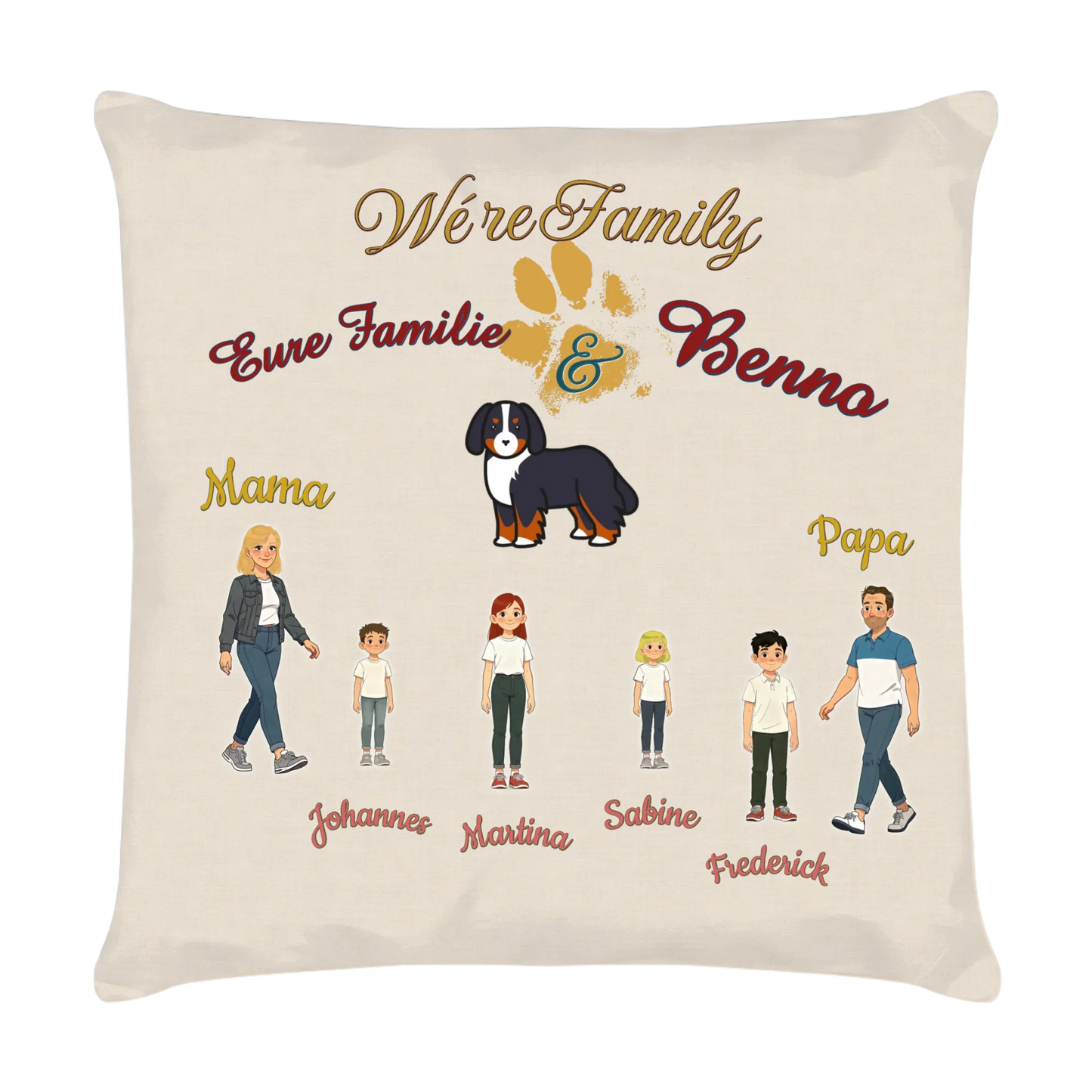 familien-kissen-personalisiert-illustrierte-famile-mit-hund-40x40-cm-leinen-optik-vorderseite