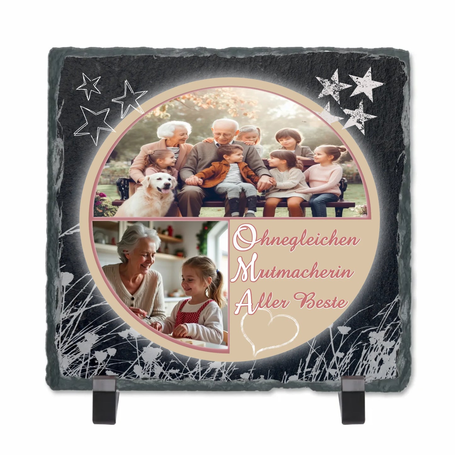 fotogeschenk-fuer-oma-schieferplatte-15x15cm-mit-standfuss-personalisiert-mit-zwei-fotos