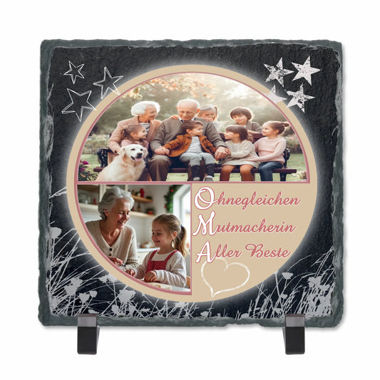fotogeschenk-fuer-oma-schieferplatte-15x15cm-mit-standfuss-personalisiert-mit-zwei-fotos
