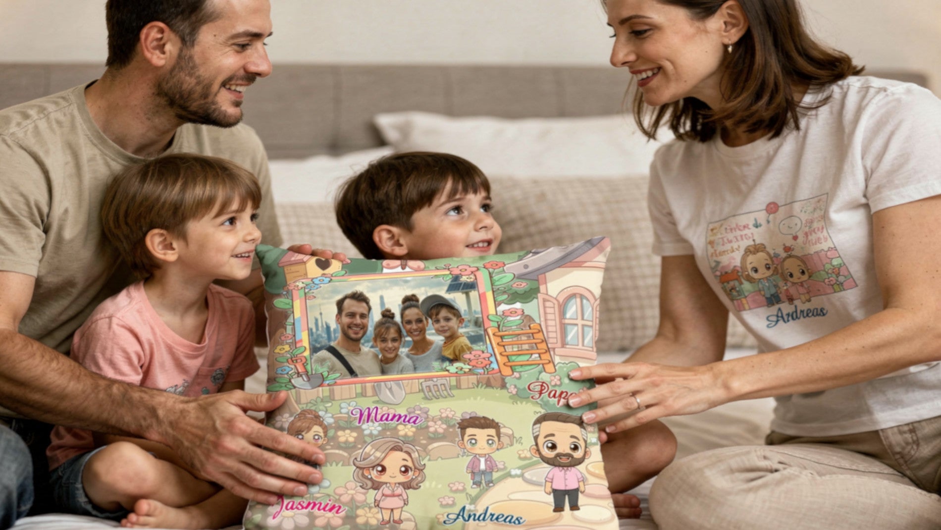 kinder-überreichen-mutter-ein-personalisiertes-fotokissen-mit-namen-als-geschenk
