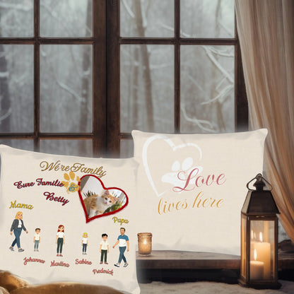 personalisiertes-kissen-mit-foto-von-katze-in-herz-rahmen-und-illustrierter-familie-40x40-cm-vorderseite-und-rueckseite