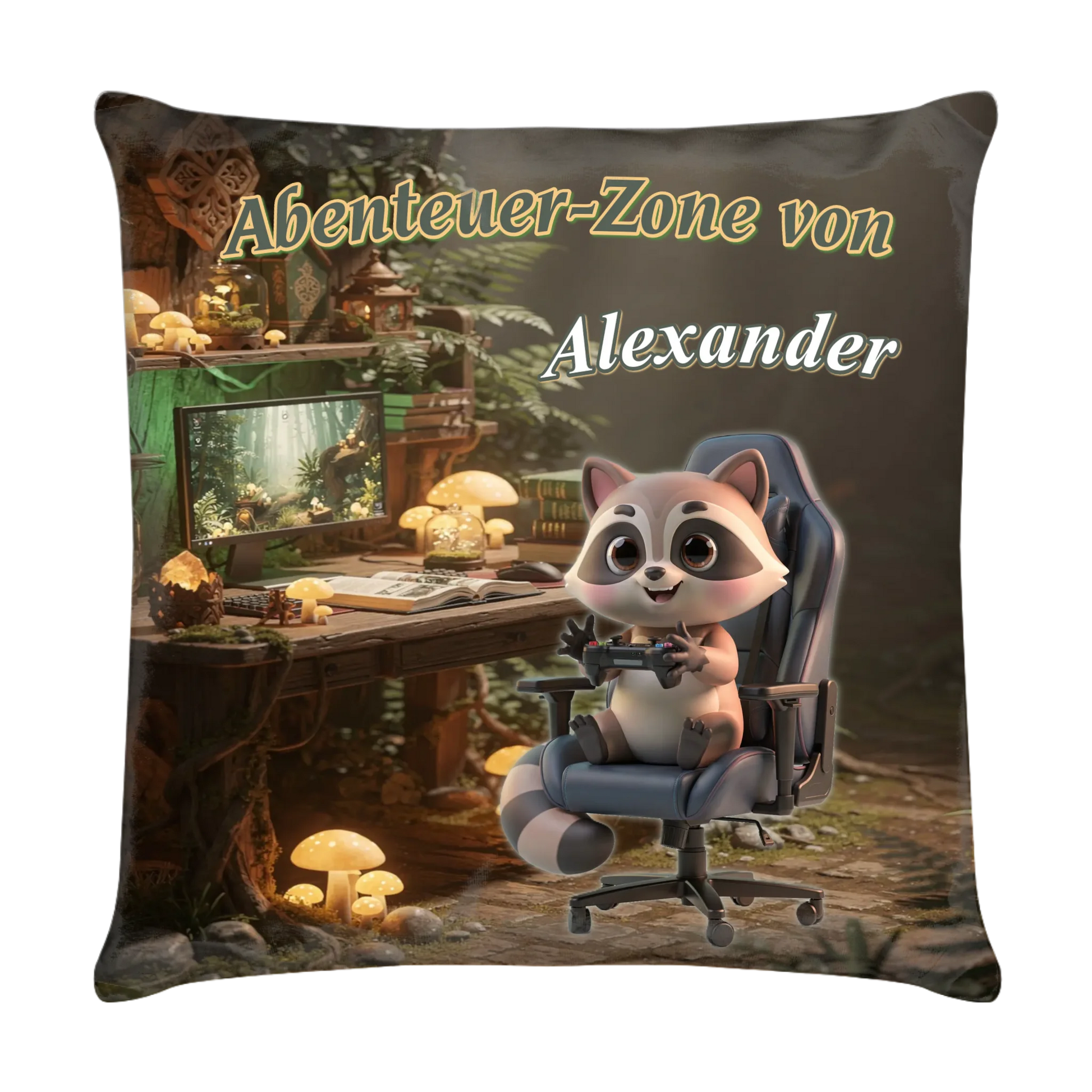 gaming-kissen-personalisiert-im-erdigen-cottagecore-waldlook-mit-einem-wunschtier-am-baumstamm-schreibtisch